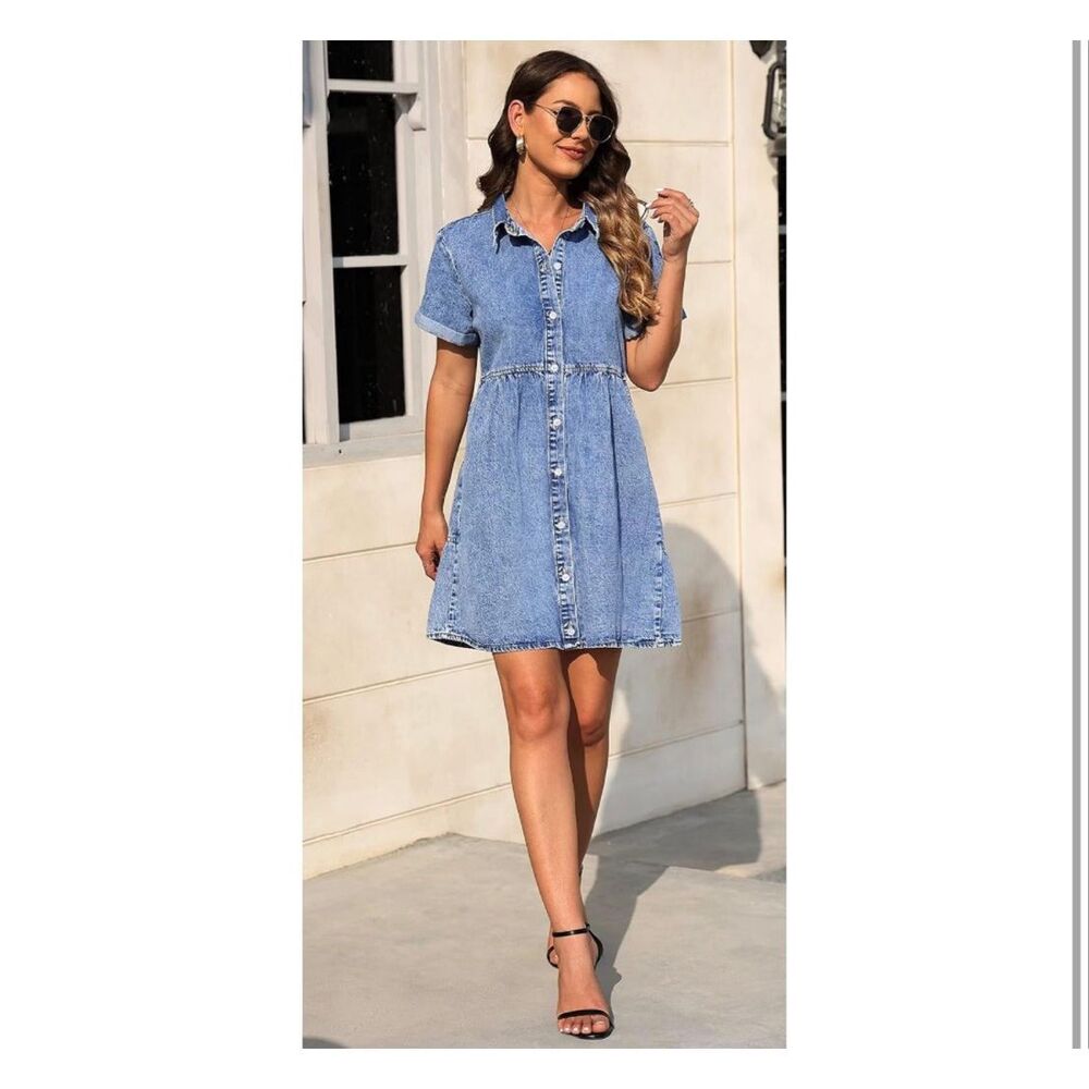 Babydoll Denim Dress with Pockets - Picture 3 of 6